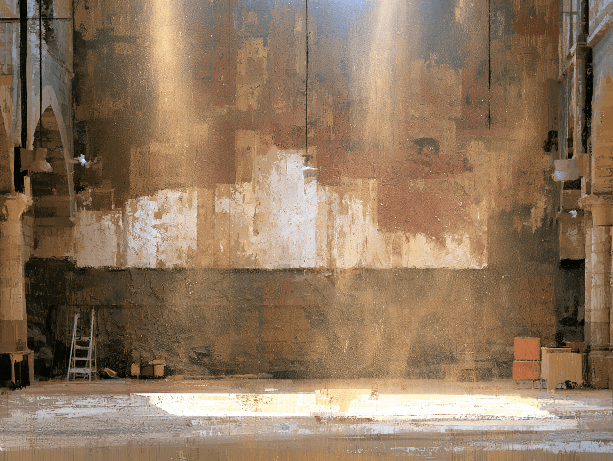 painted interior of an unfinished hall: a tall wall of layered plaster and brick in ochre and rust, light falling from above, a small ladder and stacked bricks on the floor