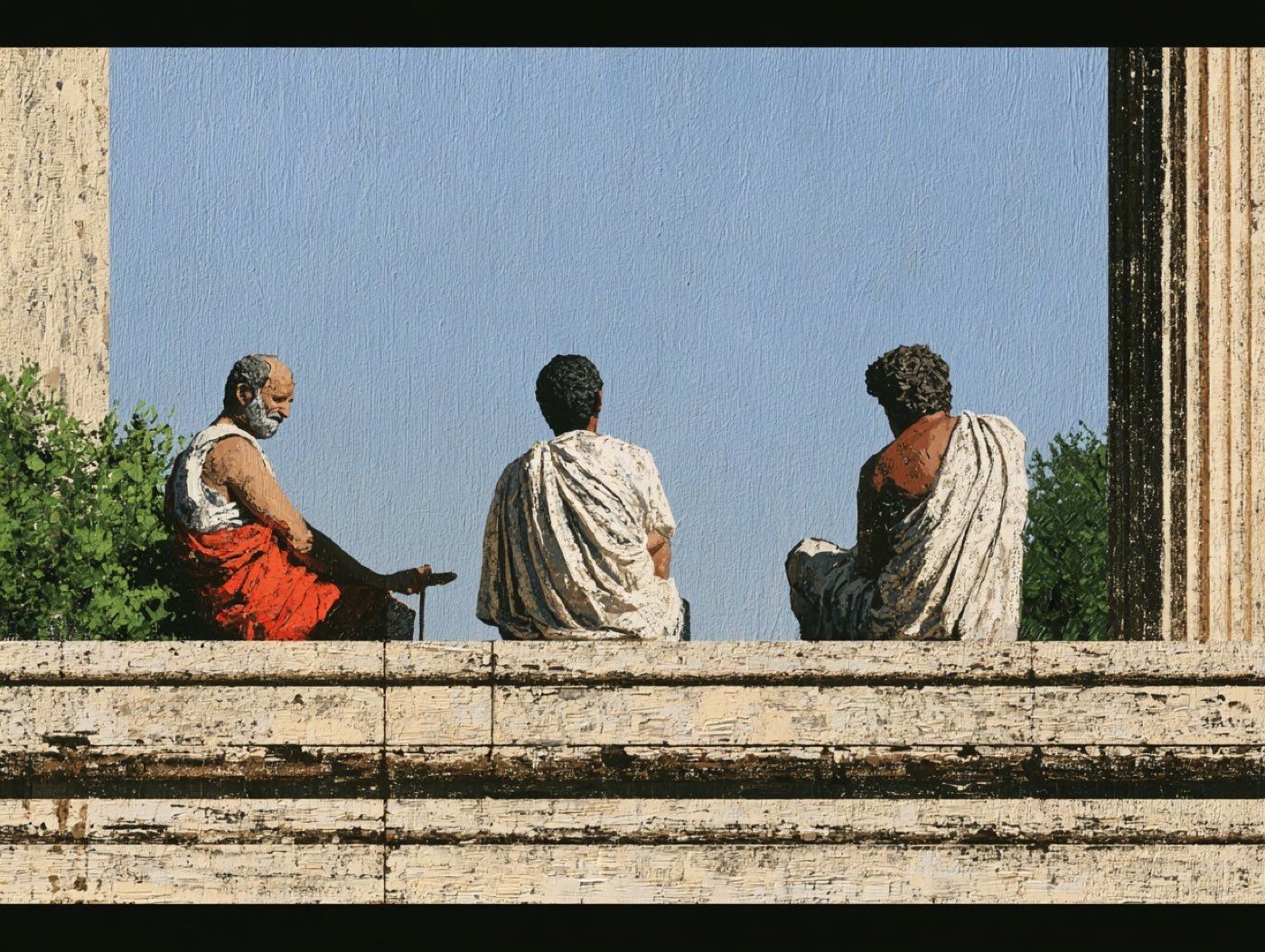 painterly image of three robed figures seated on a stone ledge against a pale blue sky, classical columns at the right, an elder in a red-and-white robe turned toward two listeners