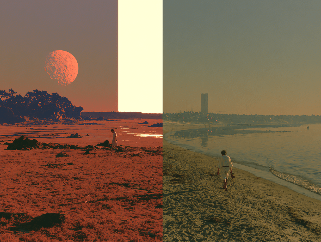 one beach split in two: a red alien shore under a moon and a column of light; an ordinary shore where a man walks toward a distant tower