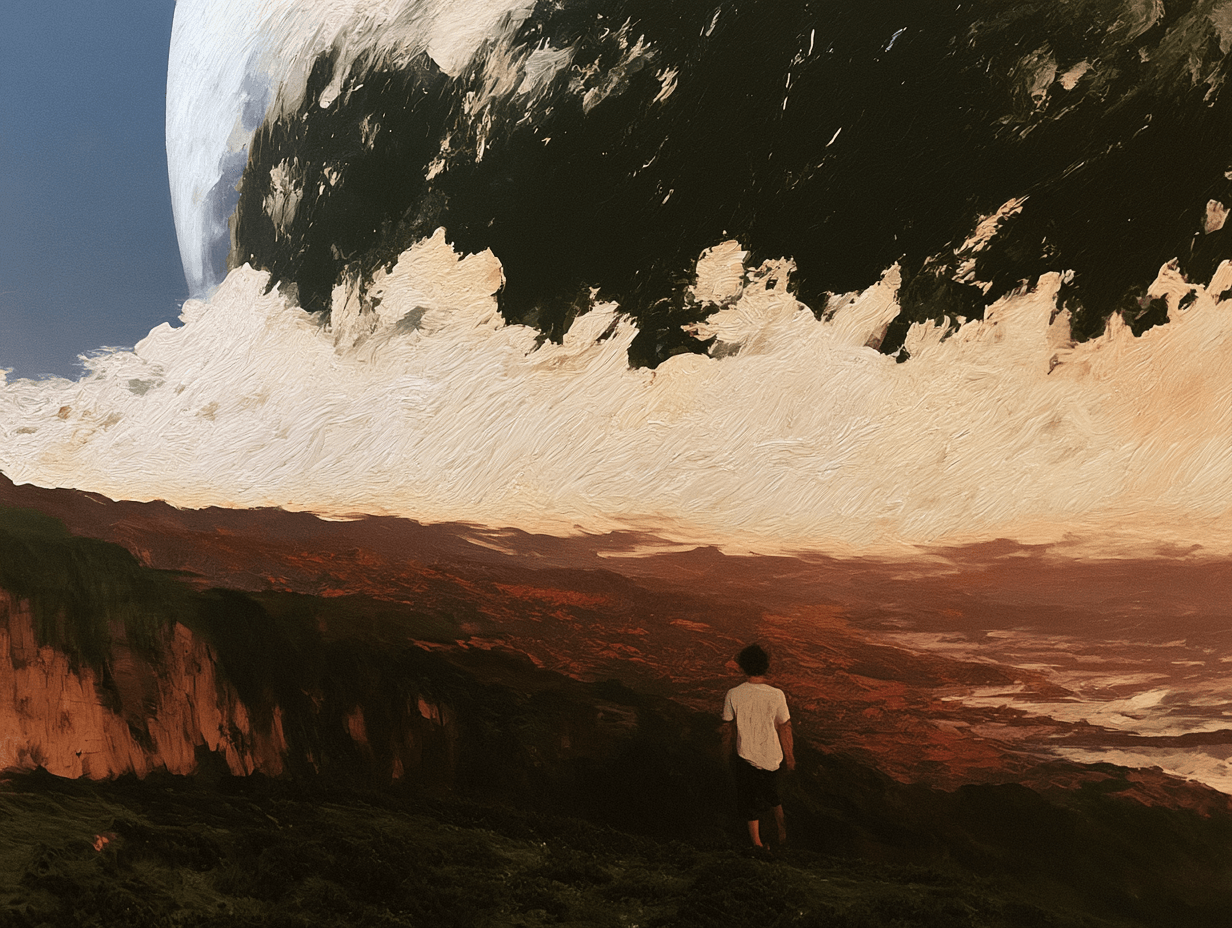 a lone figure on a green ridge under an enormous painted planet, rendered in thick brushstrokes