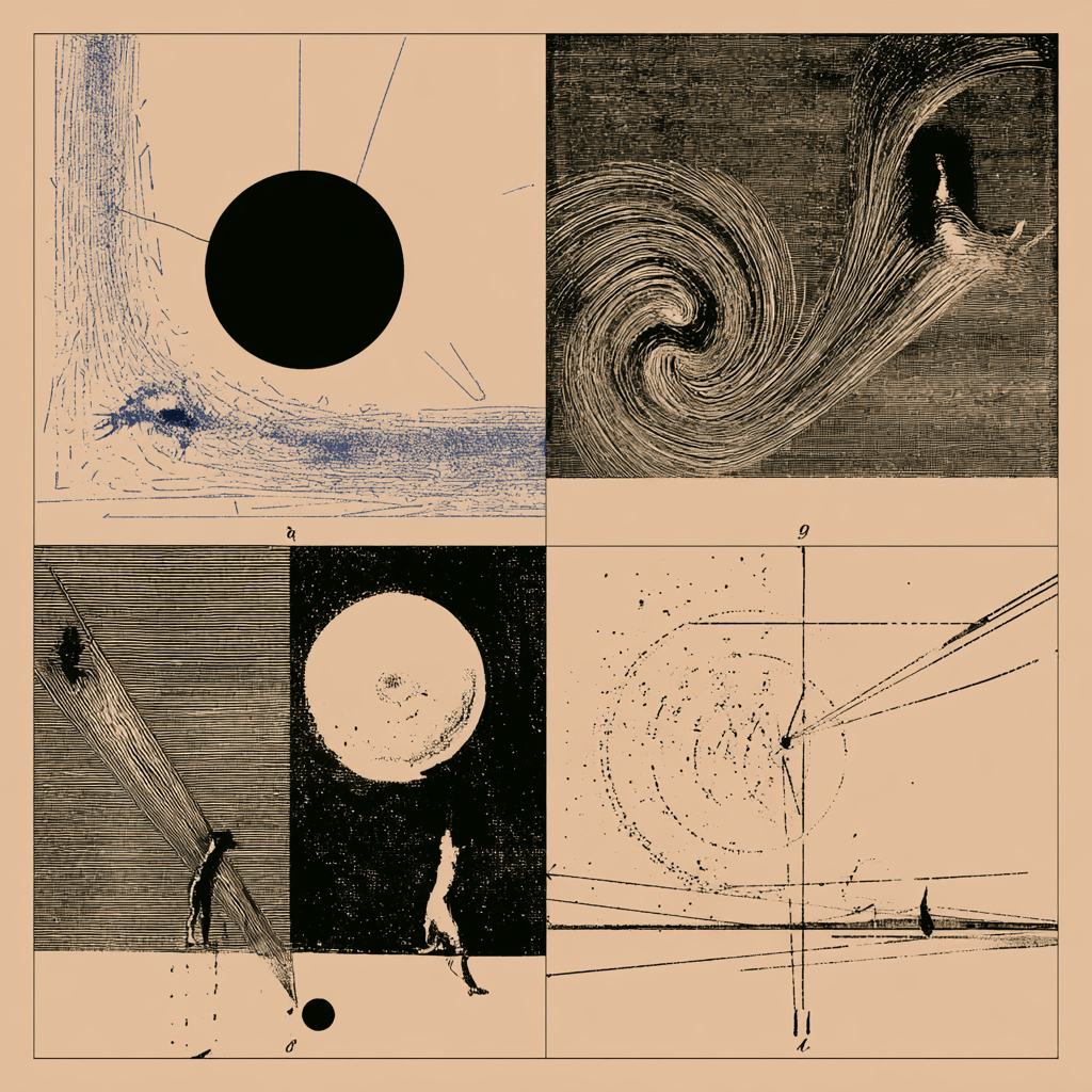 four etched panels on warm paper: a black sun over ruled lines, a spiral vortex opening into a dark mouth, two figures under a moon in split light and shadow, and an orbital diagram crossed by sightlines